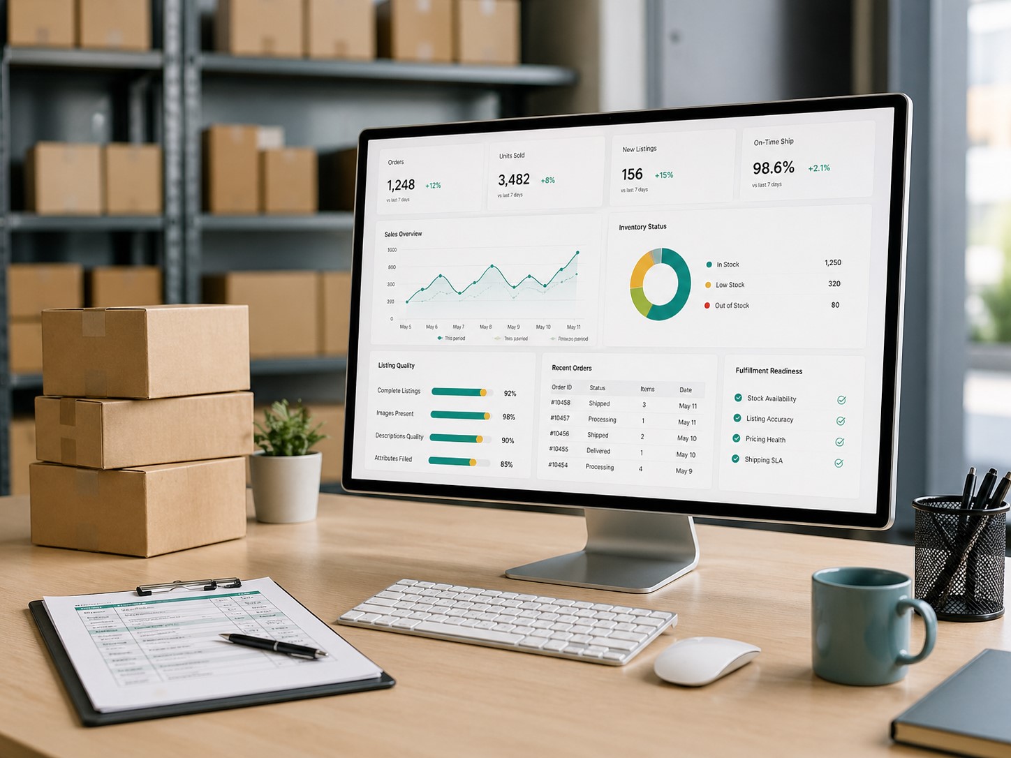 Espacio de trabajo de operaciones de marketplace con inventario y panel de rendimiento